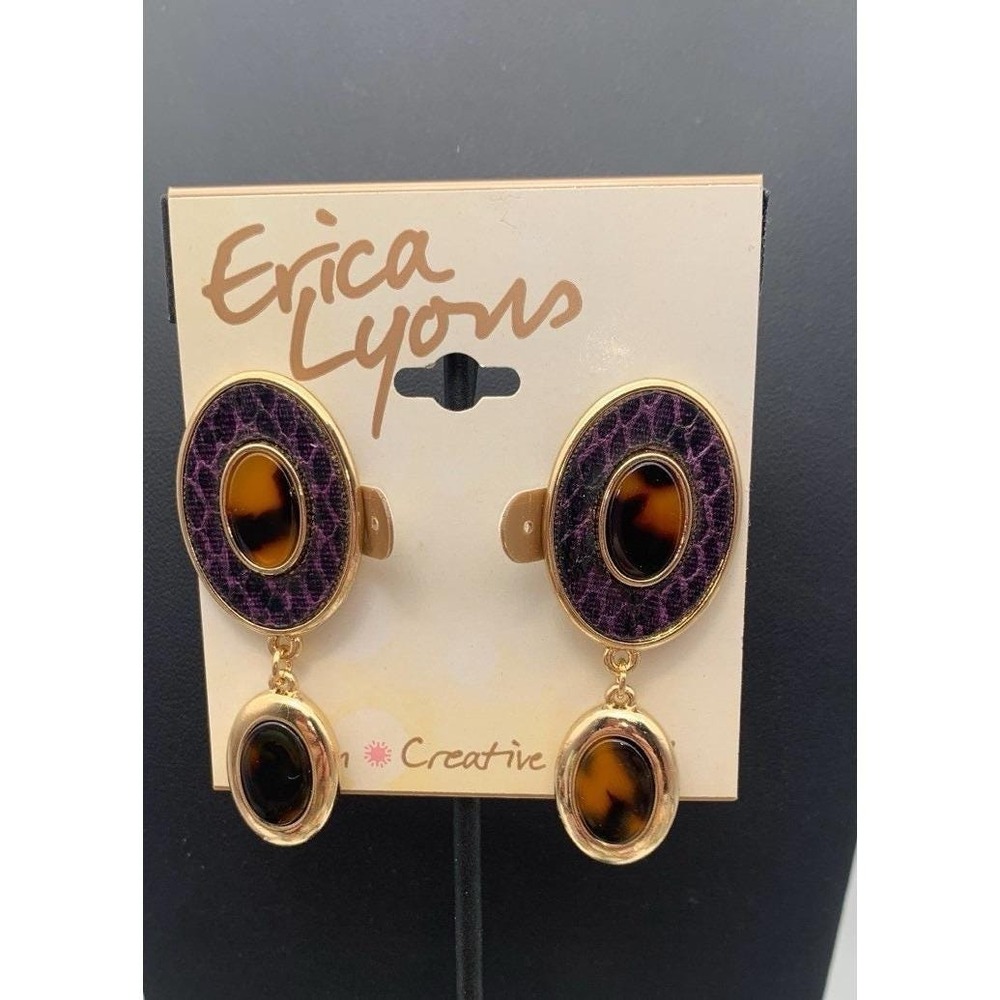 Vintage NOS Erica Lyons Gold Tone Purple & Faux Tortoise Shell Clip On Earrings